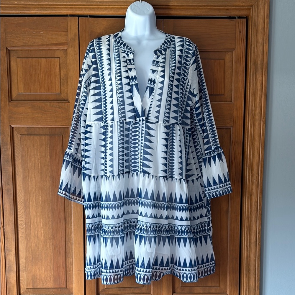 Blue and White Geometric Swim Cover-Up